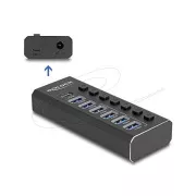 Delock USB-Hub mit 7 Anschlüssen, 4 Anschlüssen mit 10 Gbit/s und 4 Schnellladeanschlüssen mit Schalter und Beleuchtung