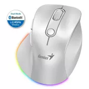 Genius Ergo 9000S Pro Mouse, kabellos, optisch, 2400DPI, 6 Tasten, BT, 2.4GHz, USB-C Laden, geräuschlos, 7-farbige Hintergrundbeleuchtung, weiß