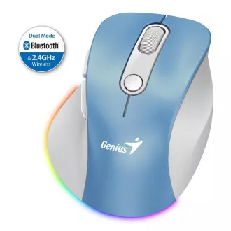 Genius Ergo 9000S Pro Mouse, kabellos, optisch, 2400DPI, 6 Tasten, BT, 2.4GHz, USB-C Laden, geräuschlos, 7-farbige Hintergrundbeleuchtung, blau und weiß Genius Ergo 9000S Pro Mouse, kabellos, optisch, 2400DPI, 6 Tasten, BT, 2.4GHz, USB-C Laden, geräuschlos, 7-farbige Hintergrundbeleuchtung, blau und weiß