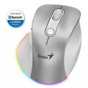 Genius Ergo 9000S Pro Mouse, kabellos, optisch, 2400DPI, 6 Tasten, BT, 2.4GHz, USB-C Laden, geräuschlos, 7-farbige Hintergrundbeleuchtung, silber