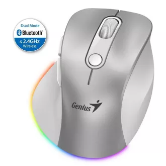 Genius Ergo 9000S Pro Mouse, kabellos, optisch, 2400DPI, 6 Tasten, BT, 2.4GHz, USB-C Laden, geräuschlos, 7-farbige Hintergrundbeleuchtung, silber Genius Ergo 9000S Pro Mouse, kabellos, optisch, 2400DPI, 6 Tasten, BT, 2.4GHz, USB-C Laden, geräuschlos, 7-farbige Hintergrundbeleuchtung, silber