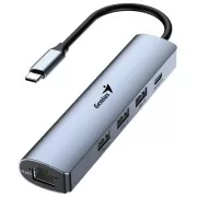 Genius UH-545 USB Hub, extern, USB-C auf 3× USB 3.0, 1× USB-C, RJ-45 Gigabit Ethernet, 15cm, grau