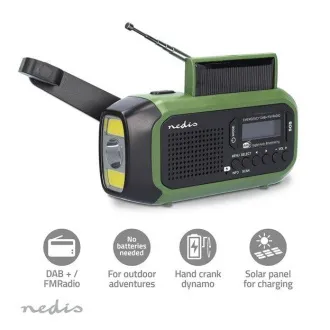 Nedis RDDBCR2000GN - Notfallradio | DAB  / FM | Batteriebetrieben / USB-Betrieben / Handkurbel / Solarbetrieben | Wecker