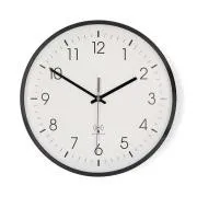Nedis CLWA6226BK – Wanduhr | Durchmesser: 300 mm | Kunststoff | Funkuhr | Leiser Gang | Weiß / Schwarz
