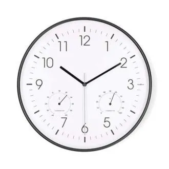 Nedis CLWA4226BK – Wanduhr | Durchmesser: 300 mm | Kunststoff | Leiser Gang | Thermometer | Hygrometer | Weiß / Schwarz