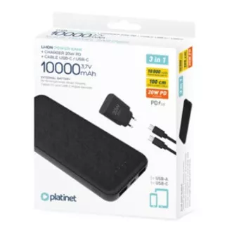 PLATINET POWER BANK 10000 mAh   PD CHARGER 20W   USB-C Kabel schwarz