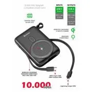 SWISSTEN POWER BANK 10000 mAh PD 20 W MIT INTEGRIERTEN USB-C- UND LIGHTNING-KABELN (MagSafe-kompatibel)