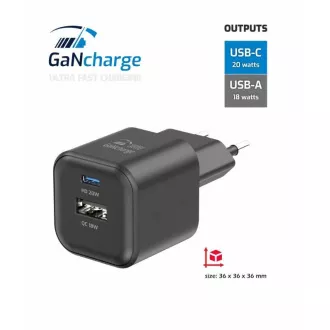 SWISSTEN NETZWERK ADAPTER GaN 1x USB-C 20W PD   1x USB-A 18W QC SCHWARZ