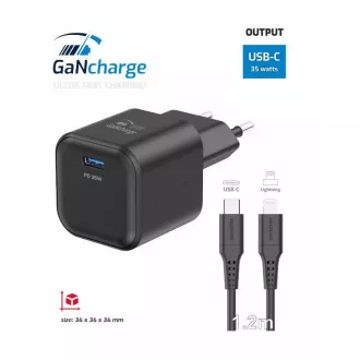 SWISSTEN NETZWERK ADAPTER GaN 1x USB-C 35W STROMVERSORGUNG SCHWARZ   DATENKABEL USB-C/LIGHTNING 1.2 M SCHWARZ