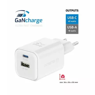 SWISSTEN NETZWERK ADAPTER GaN 1x USB-C 45W PD   1x USB-A 18W QC WEISS