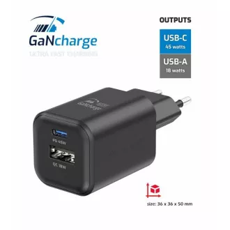 SWISSTEN NETZWERK ADAPTER GaN 1x USB-C 45W PD   1x USB-A 18W QC SCHWARZ