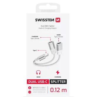 SWISSTEN CHARGING AUDIO ADAPTER TEXTILE USB-C (Stecker) / 2x USB-C (Buchse) 0,12 M WEISS