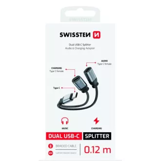 SWISSTEN CHARGING AUDIO ADAPTER TEXTILE USB-C (Stecker) / 2x USB-C (Buchse) 0,12 M SCHWARZ SWISSTEN CHARGING AUDIO ADAPTER TEXTILE USB-C (Stecker) / 2x USB-C (Buchse) 0,12 M SCHWARZ