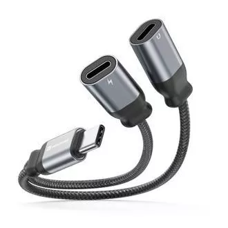 SWISSTEN CHARGING AUDIO ADAPTER TEXTILE USB-C (Stecker) / 2x USB-C (Buchse) 0,12 M SCHWARZ SWISSTEN CHARGING AUDIO ADAPTER TEXTILE USB-C (Stecker) / 2x USB-C (Buchse) 0,12 M SCHWARZ