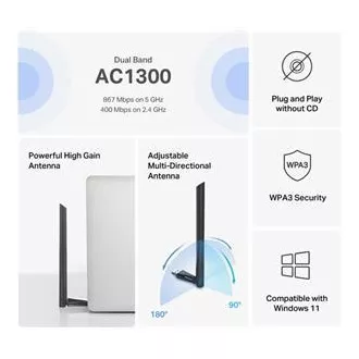 MERCUSYS MA30H - AC1300 Wireless Dual Band USB Adapter - Antenne, hohe Verstärkung
