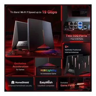 TP-Link Archer GE800 - BE19000, 1x10GLAN, 2x2.5GLAN, 4xLAN, 1x USB 3.0, Tri-Band Gaming Wi-Fi 7 Router, HomeShiel™, EasyMesh™
