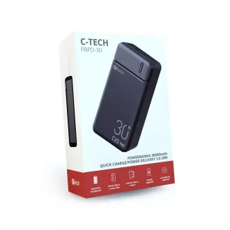 Powerbank C-tech 30000mAh, Li-Pol, 20W, USB-C/USB-A/micro USB Powerbank C-tech 30000mAh, Li-Pol, 20W, USB-C/USB-A/micro USB