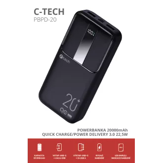 Powerbank C-tech 20000mAh, Li-Pol, 22,5W, USB-C/USB-A/micro USB Powerbank C-tech 20000mAh, Li-Pol, 22,5W, USB-C/USB-A/micro USB