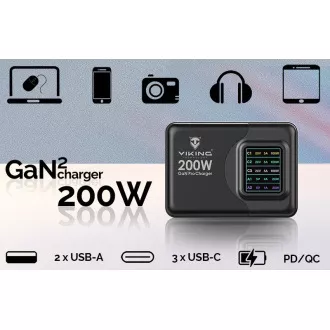 Viking USB GaN Ladegerät 200W PD PRO/Netzwerkadapter/Ausgang:3xUSB-C,2xUSB-A/Schnellladung/ Viking USB GaN Ladegerät 200W PD PRO/Netzwerkadapter/Ausgang:3xUSB-C,2xUSB-A/Schnellladung/