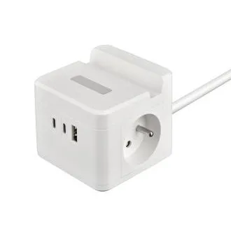 Netzadapter VIKING YC23H, weiß/Ausgang:2xAC,1xUSB-A,2xUSB-C/Handyhalterung/LED-Leuchte/1,4m Kabel