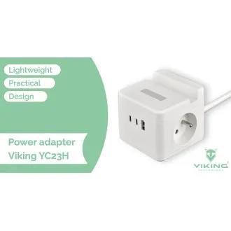 Netzadapter VIKING YC23H, weiß/Ausgang:2xAC,1xUSB-A,2xUSB-C/Handyhalterung/LED-Leuchte/1,4m Kabel