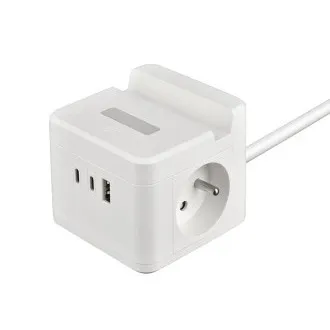 Netzadapter VIKING YC23H, weiß/Ausgang:2xAC,1xUSB-A,2xUSB-C/Handyhalterung/LED-Leuchte/1,4m Kabel