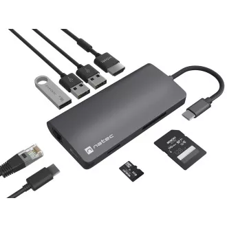 Natec Multiport-Adapter FOWLER 2 3X USB 3.0 HUB, HDMI 4K, USB-C, RJ45, SD, MICRO SD