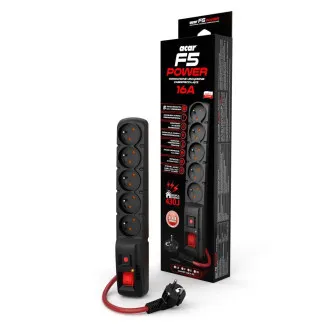 Acar F5 10m Kabel, 5 Steckdosen, Überspannungsschutz, max. Strom 16A, schwarz