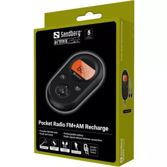 Sandberg Pocket FM AM Radio Recharge, wiederaufladbare Batterie, Display, schwarz