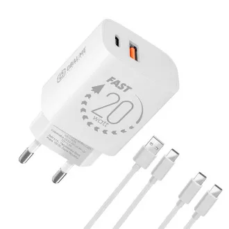 PAKET:ME Reise-Ladegerät USB-A   USB-C 20W   2x Kabel 1m Weiß