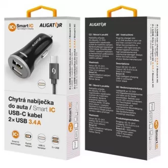 ALIGATOR Smart Car Charger 3.4A, 2xUSB, smart IC, schwarz, USB-C Kabel ALIGATOR Smart Car Charger 3.4A, 2xUSB, smart IC, schwarz, USB-C Kabel
