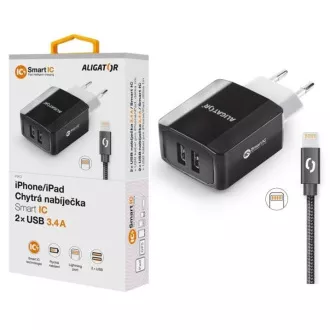 ALIGATOR 3.4A smartes Netzladegerät, 2xUSB, smart IC, schwarz, Kabel für iPhone/iPad 2A
