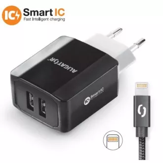 ALIGATOR 3.4A smartes Netzladegerät, 2xUSB, smart IC, schwarz, Kabel für iPhone/iPad 2A