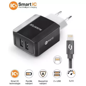 ALIGATOR 3.4A smartes Netzladegerät, 2xUSB, smart IC, schwarz, Kabel für iPhone/iPad 2A
