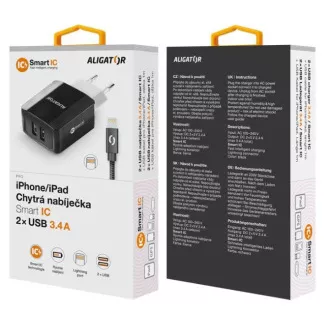ALIGATOR 3.4A smartes Netzladegerät, 2xUSB, smart IC, schwarz, Kabel für iPhone/iPad 2A