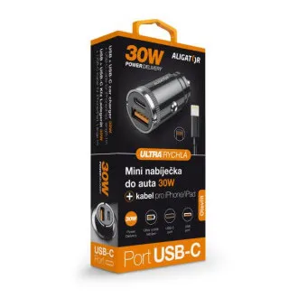Alligator Mini-Autoladegerät Power Delivery 30W, USB-C USB-A, USB-C Kabel für iPhone/iPad Alligator Mini-Autoladegerät Power Delivery 30W, USB-C USB-A, USB-C Kabel für iPhone/iPad