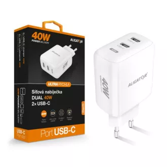 Intelligentes Netzladegerät ALIGATOR Power Delivery 40W, 2xUSB-C, weiß Intelligentes Netzladegerät ALIGATOR Power Delivery 40W, 2xUSB-C, weiß