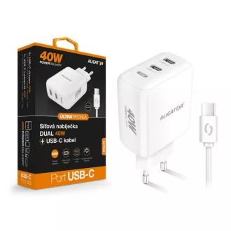 ALIGATOR Power Delivery 40W Smart Power Ladegerät, 2xUSB-C, USB-C/USB-C Kabel, weiß