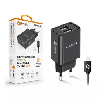 ALIGATOR 2.4A smartes Netzladegerät, 2xUSB, smart IC, schwarz, micro USB Kabel ALIGATOR 2.4A smartes Netzladegerät, 2xUSB, smart IC, schwarz, micro USB Kabel