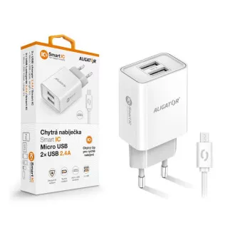 ALIGATOR 2.4A smartes Netzladegerät, 2xUSB, smart IC, weiß, micro USB Kabel
