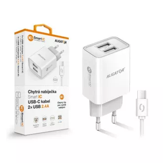ALIGATOR 2.4A smartes Netzladegerät, 2xUSB, smart IC, weiß, USB-C Kabel