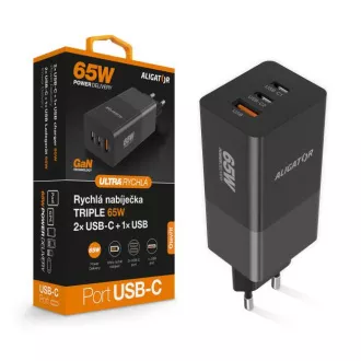 Alligator-Ladegerät PD65W, 2USB-C, 1xUSB-A, schwarz Alligator-Ladegerät PD65W, 2USB-C, 1xUSB-A, schwarz