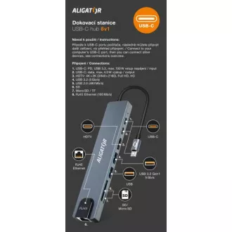 Aligator USB-C / Hub 8v1 Docking Station (USB-C / 2xUSB / SD / MicroSD / HDTV / RJ45) Aligator USB-C / Hub 8v1 Docking Station (USB-C / 2xUSB / SD / MicroSD / HDTV / RJ45)