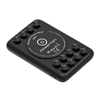 Powerton, Powerbank mit kabelloser Aufladung, Li-Pol, 5V, Aufladen von Handys/Tablets, WBP5, 5000mAh, Saugnäpfe zum Anbringen an Powerton, Powerbank mit kabelloser Aufladung, Li-Pol, 5V, Aufladen von Handys/Tablets, WBP5, 5000mAh, Saugnäpfe zum Anbringen an