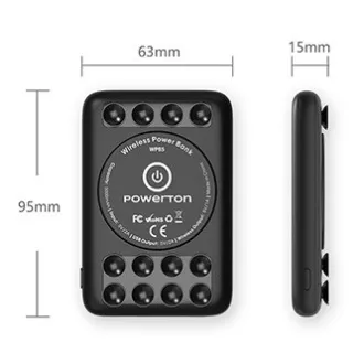 Powerton, Powerbank mit kabelloser Aufladung, Li-Pol, 5V, Aufladen von Handys/Tablets, WBP5, 5000mAh, Saugnäpfe zum Anbringen an Powerton, Powerbank mit kabelloser Aufladung, Li-Pol, 5V, Aufladen von Handys/Tablets, WBP5, 5000mAh, Saugnäpfe zum Anbringen an