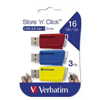 Verbatim USB-Flash-Laufwerk, USB 3.0, 16 GB, Store N Click, gemischte Farben, 49306, USB A, mit ausziehbarem Anschluss, 3 Stück Verbatim USB-Flash-Laufwerk, USB 3.0, 16 GB, Store N Click, gemischte Farben, 49306, USB A, mit ausziehbarem Anschluss, 3 Stück