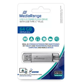 MediaRange USB-Stick, USB 3.0, 64GB, silber, MR937, USB A / USB C, mit Abdeckung