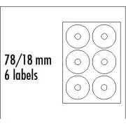 Logo-Etiketten für CD 78/18mm, A4, matt, weiß, 6 Etiketten, 140g/m2, Packung mit 25 Stück, für Tintenstrahl- und Laserdrucker