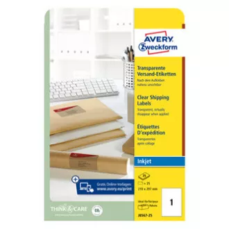 Avery Zweckform Etiketten 210mm x 297mm, A4, transparent, transparent, 1 Etikett, für Verpackungen, verpackt 25 Stück, J8567-25, für atramen Avery Zweckform Etiketten 210mm x 297mm, A4, transparent, transparent, 1 Etikett, für Verpackungen, verpackt 25 Stück, J8567-25, für atramen
