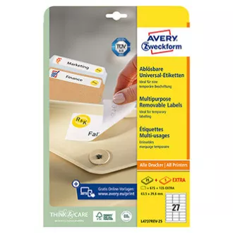 Avery Zweckform Etiketten 63,5 mm x 29,6 mm, A4, weiß, 27 Etiketten, ablösbar, 25er-Pack, L4737REV-25, für Laser und Inkjet Avery Zweckform Etiketten 63,5 mm x 29,6 mm, A4, weiß, 27 Etiketten, ablösbar, 25er-Pack, L4737REV-25, für Laser und Inkjet